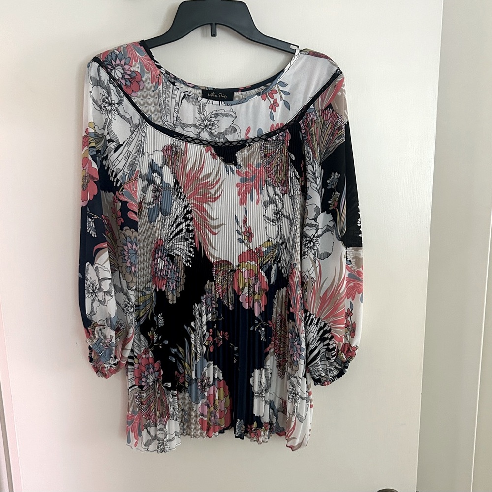 Melissa Paige Pleated White Pink Black Blouse with 3/4 Sleeves SZ L - Picture 11 of 12